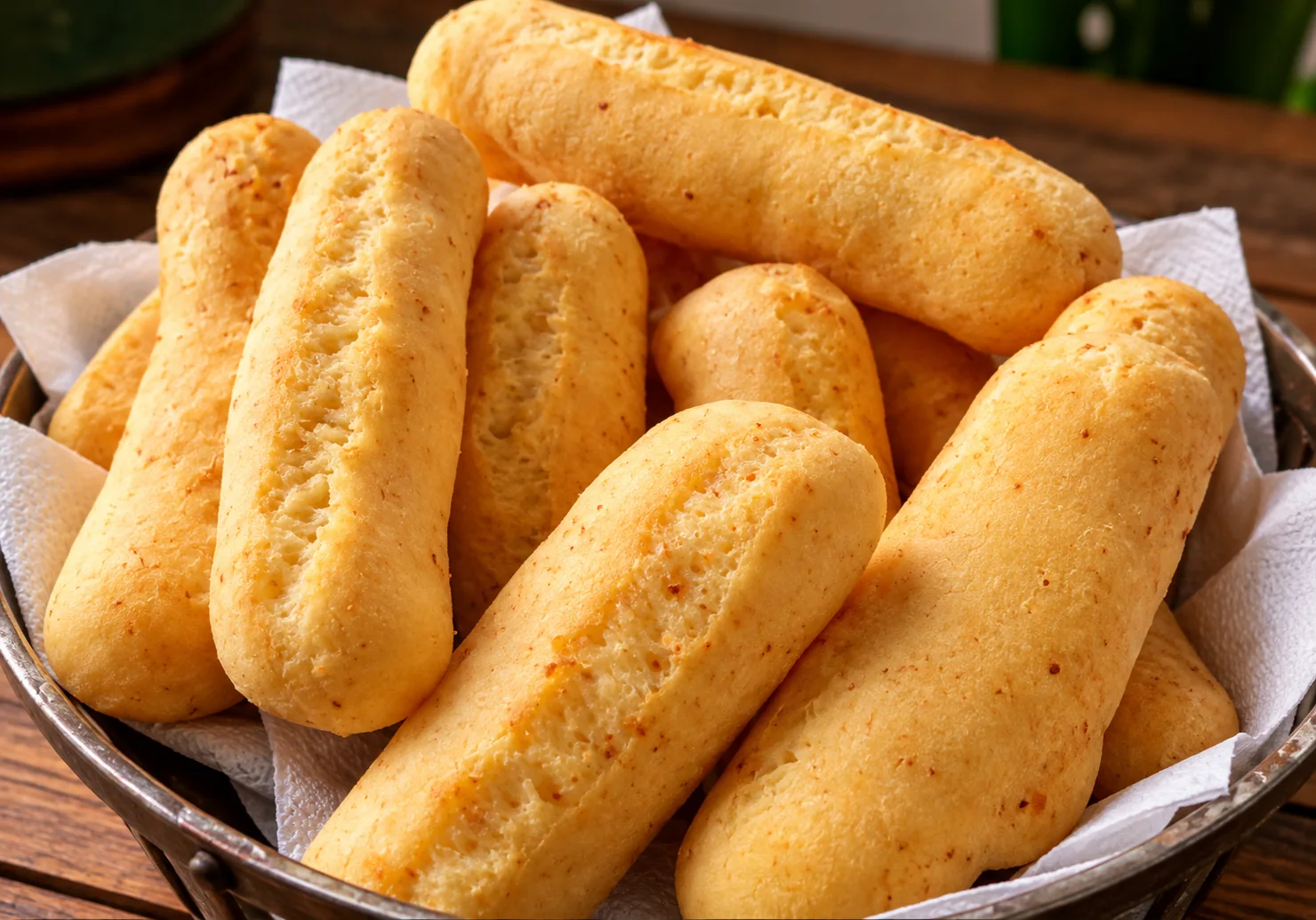 Biscoitos fritos dourados em formato alongado, imagem de apresentação aprimorada